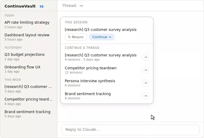 ContinueVault sidebar showing session continuation and thread management across AI platforms